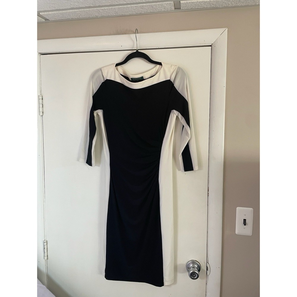 Lauren Ralph Lauren Dress Womens 6 Black Colorblock Ruched Sheath Knee Length
